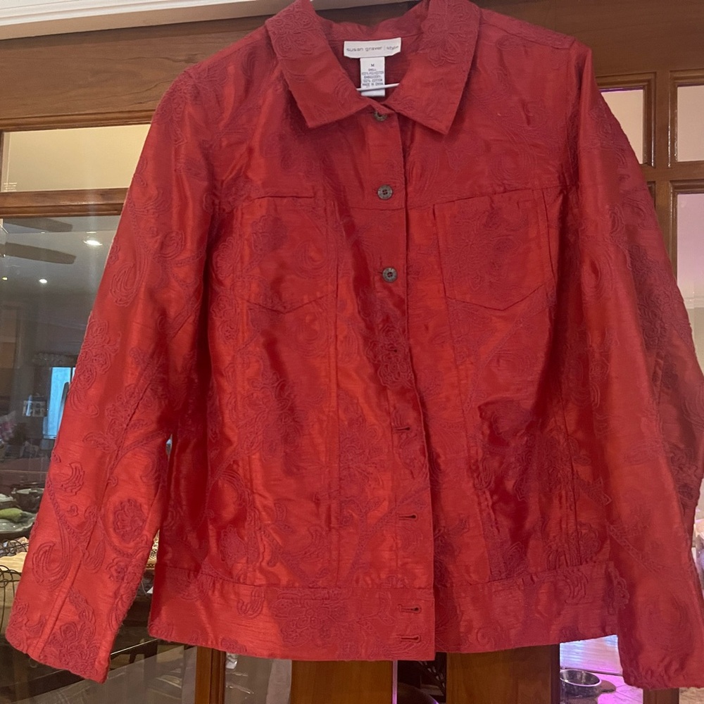Susan Graver Red Paisley-Embossed Jean Jacket
